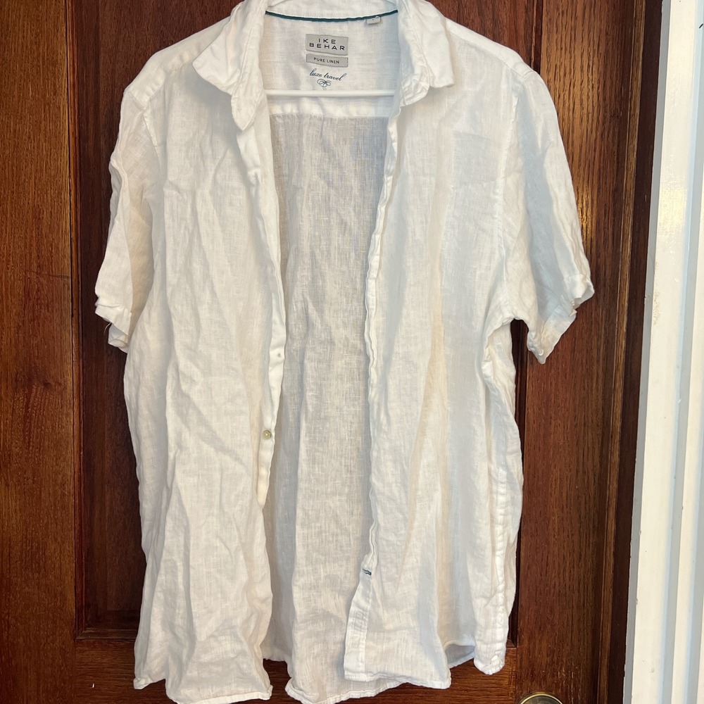 Ike Behar Mens Pure Linen Luxe Travel Short Sleeve Button Down Shirt White L